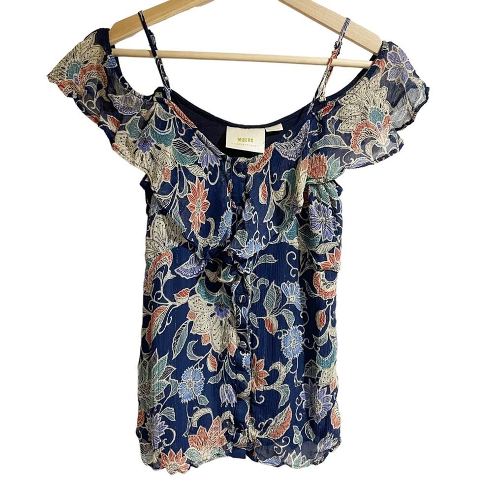 Anthropologie Maeve Mariposa Open Shoulder Ruffle Top 2P Button Front Metallic